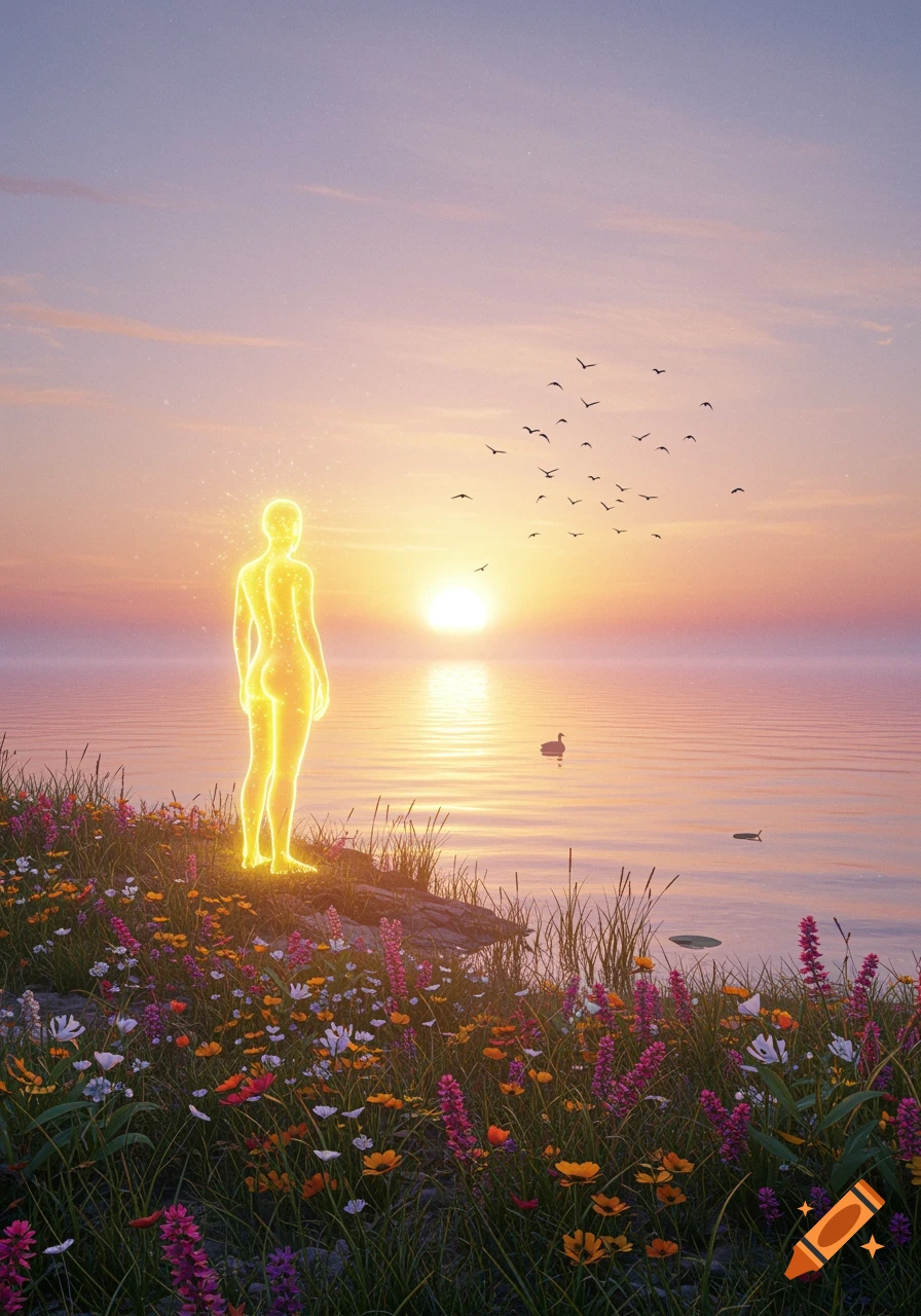 An ethereal glowing figure stands on a flowery cliff overlooking a serene sunrise over water with birds flying.
