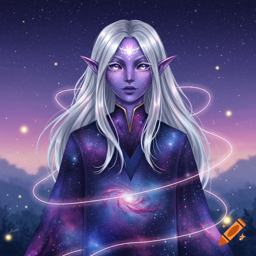 A fantasy character with long white hair and purple skin, wearing a galaxy-patterned robe, stands against a starry purple sky.
