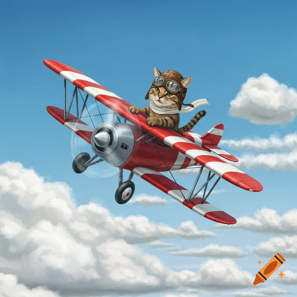 An illustrated tabby cat wearing a pilot's helmet and scarf flies a red and white biplane through a blue sky with clouds.