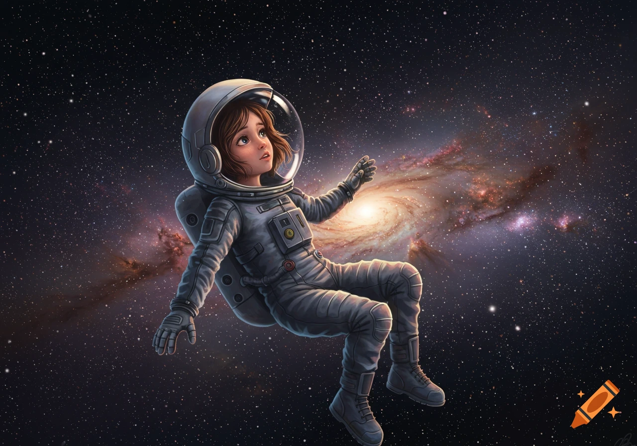 An illustrated tween girl in a spacesuit floats in space, gazing at a swirling galaxy in the background.