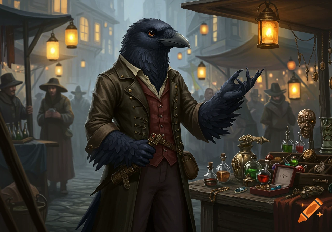 A humanoid crow in a brown coat stands at a market stall with potions and trinkets, in a detailed illustrative style.
