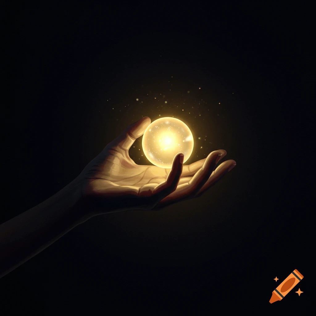 A hand holds a glowing, golden orb with sparkling light against a dark background, symbolizing hope.