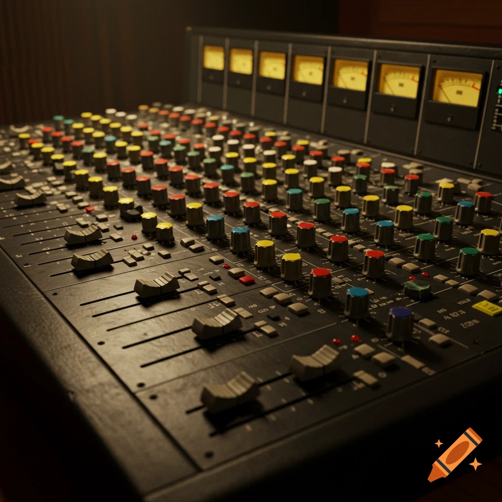 Close-up of a vintage analog mixing board with rows of colorful knobs, faders, and illuminated meters in a warm-lit studio.