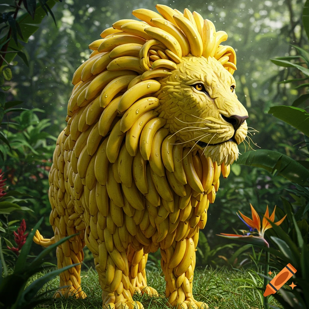 A photorealistic lion made entirely of yellow bananas stands in a vibrant green jungle with tropical plants and a bird of paradise flower.