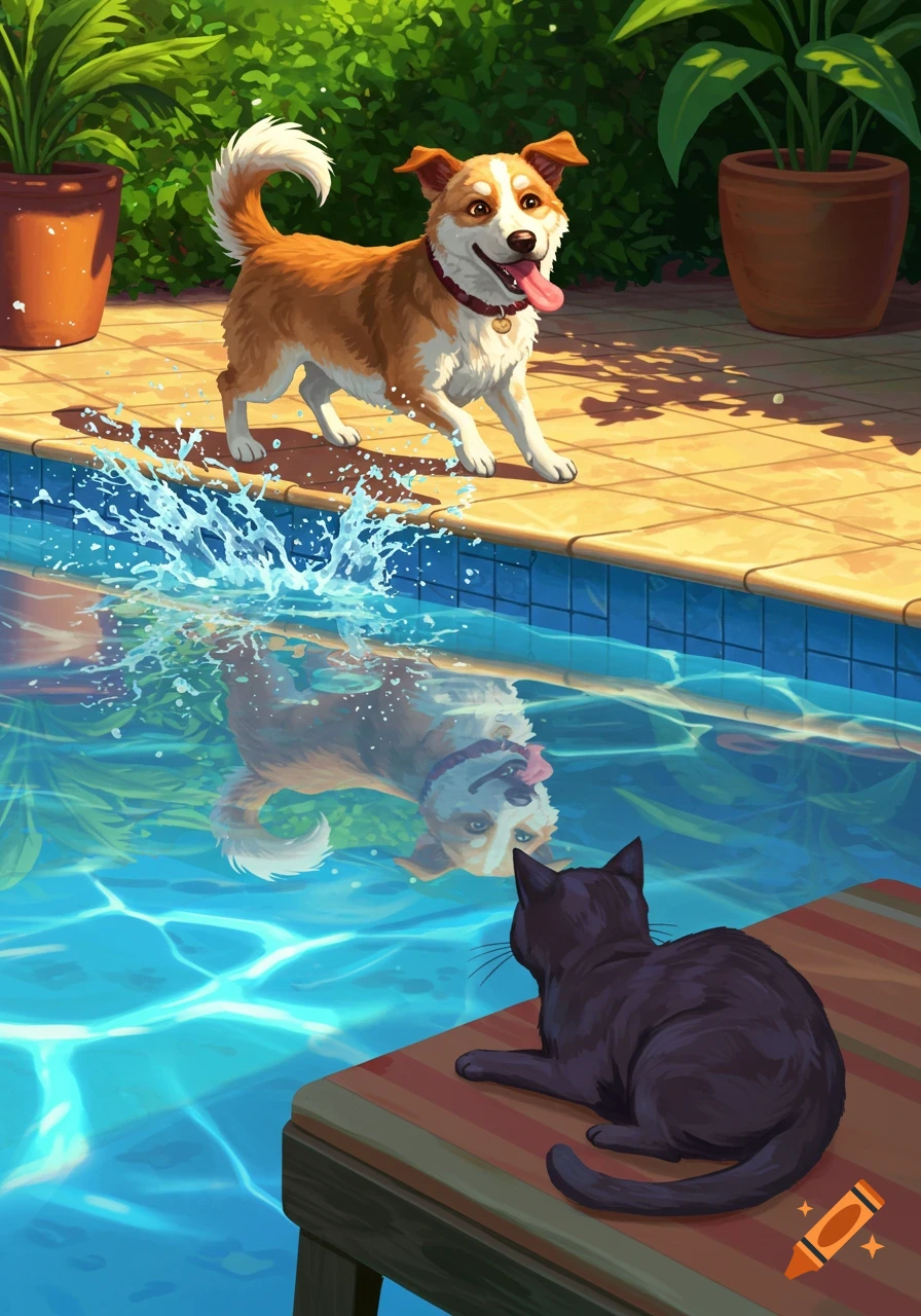 A happy, brown and white dog splashes water by a bright blue pool, its reflection visible, as a black cat watches from the edge in a vibrant illustration.