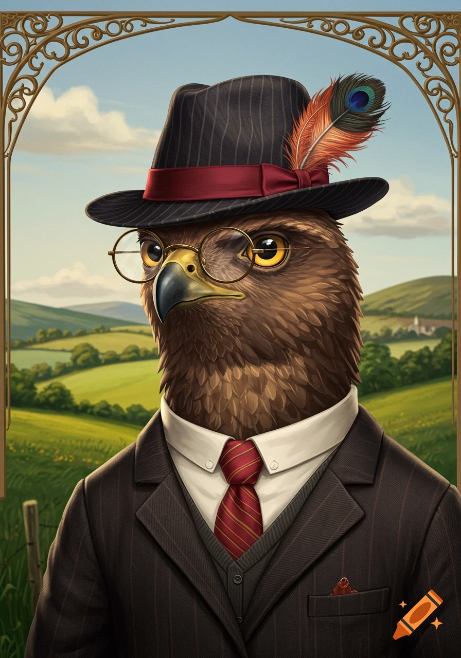 Cartoon illustration of a hawk in a pinstriped fedora with a red band and feather, round glasses, and a suit, against green hills.