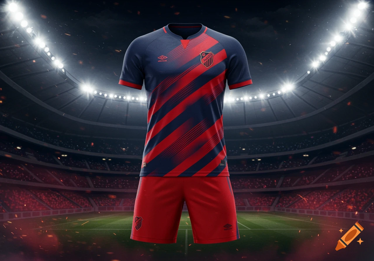 A photorealistic dark blue and red soccer kit with diagonal stripes, displayed against a dimly lit stadium background.