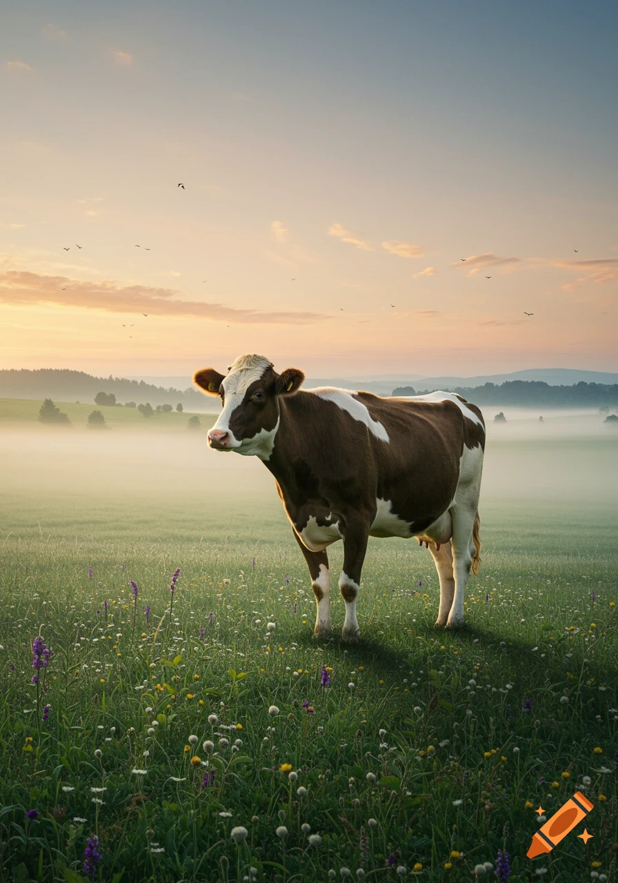 A brown and white cow stands in a lush green meadow filled with wildflowers during a misty sunrise.