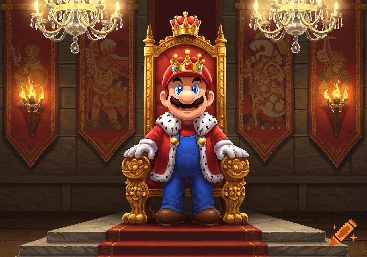 King Mario sits on a golden throne in a grand castle hall, surrounded by banners and chandeliers in a vibrant, illustrative style.