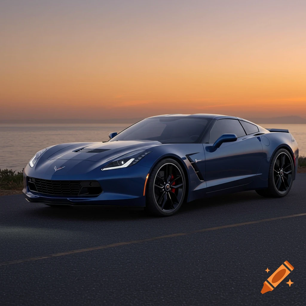 A blue Chevrolet Corvette sports car is parked on a road beside the ocean at sunset. Photorealistic style.