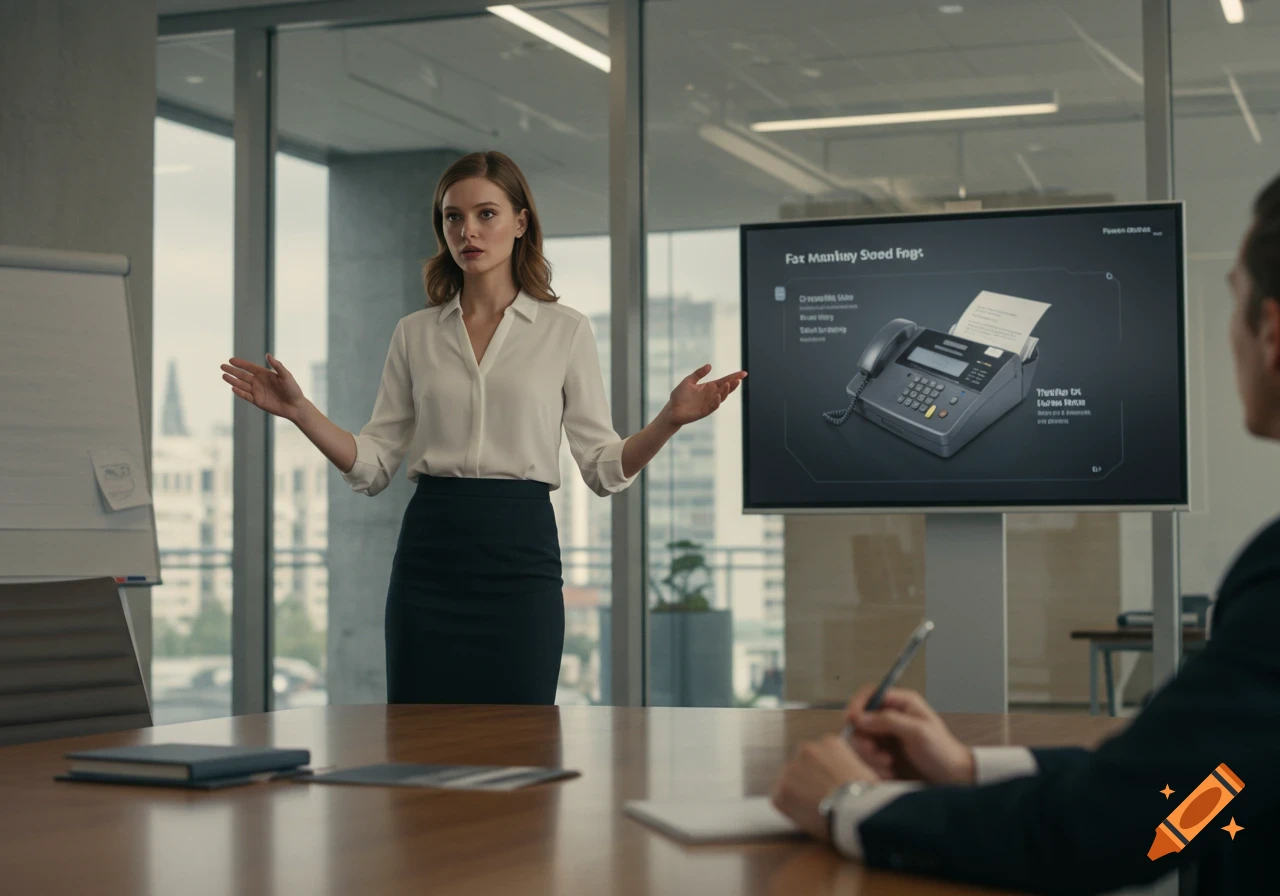 A woman in a white shirt and black skirt stands presenting in a modern office, gesturing towards a screen showing a fax machine. A man takes notes in the foreground.