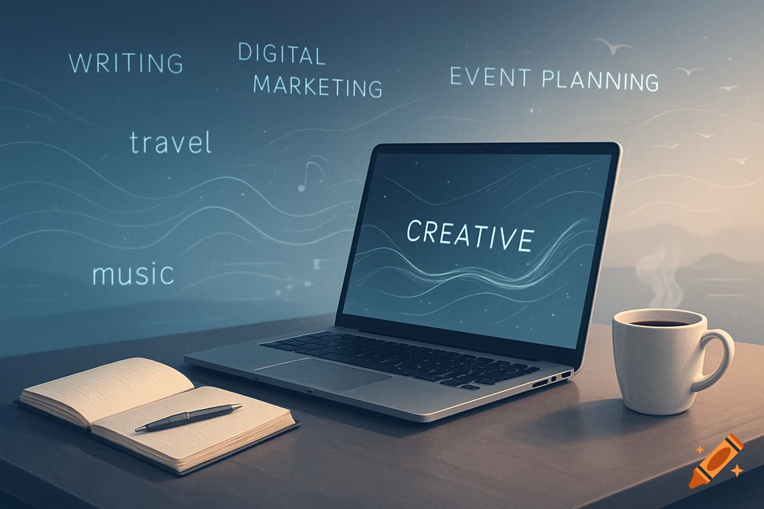 A laptop displaying "CREATIVE" on a desk with an open notebook, pen, and coffee cup, surrounded by floating words like "writing", "travel", and "music".