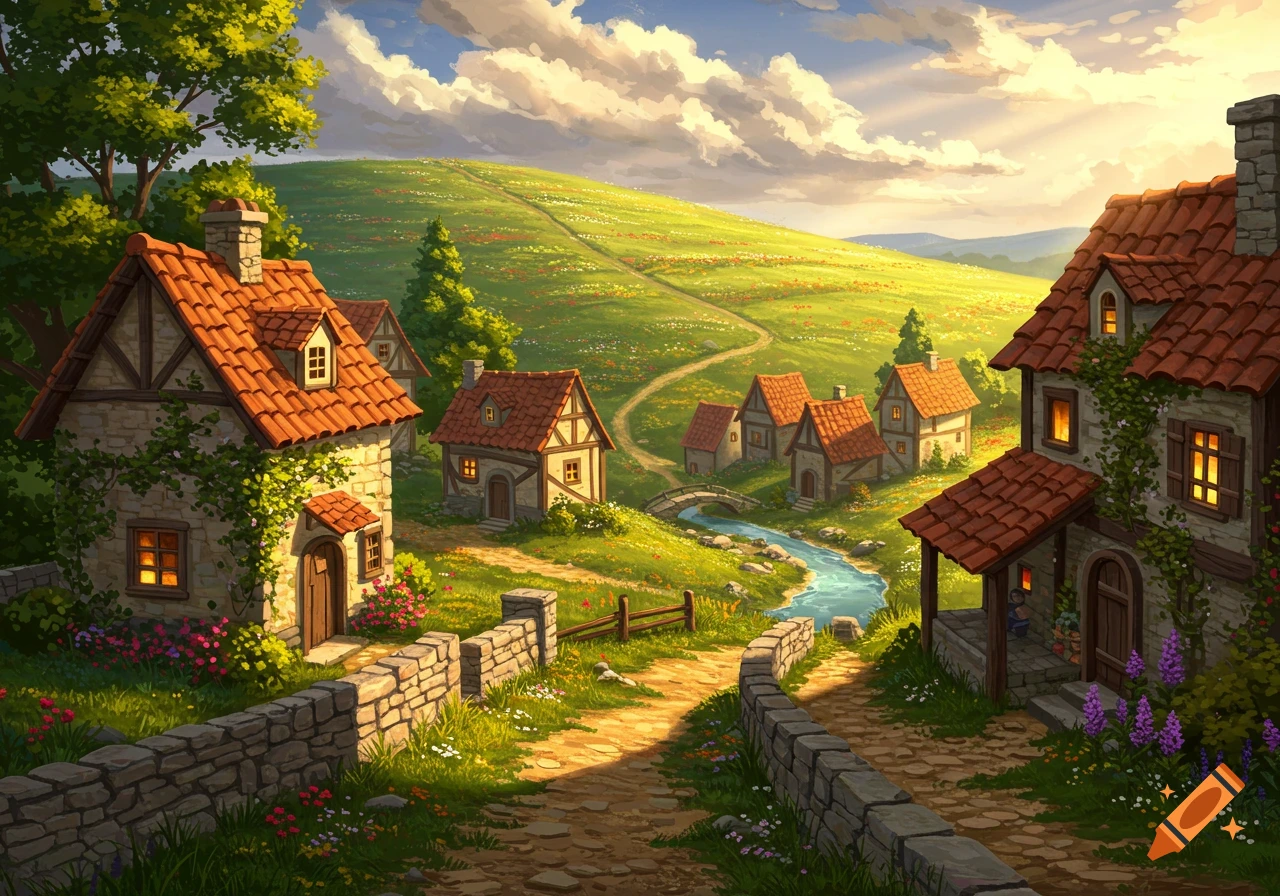 A charming village nestled in a valley with stone cottages, green hills, a stream, and a winding path under a bright sky, in an illustrative style.