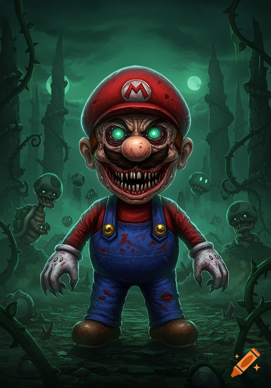 A terrifying, zombified Mario with glowing green eyes and sharp teeth, wearing blood-stained overalls, stands in a dark, eerie landscape with skeletal Koopas and Toads.