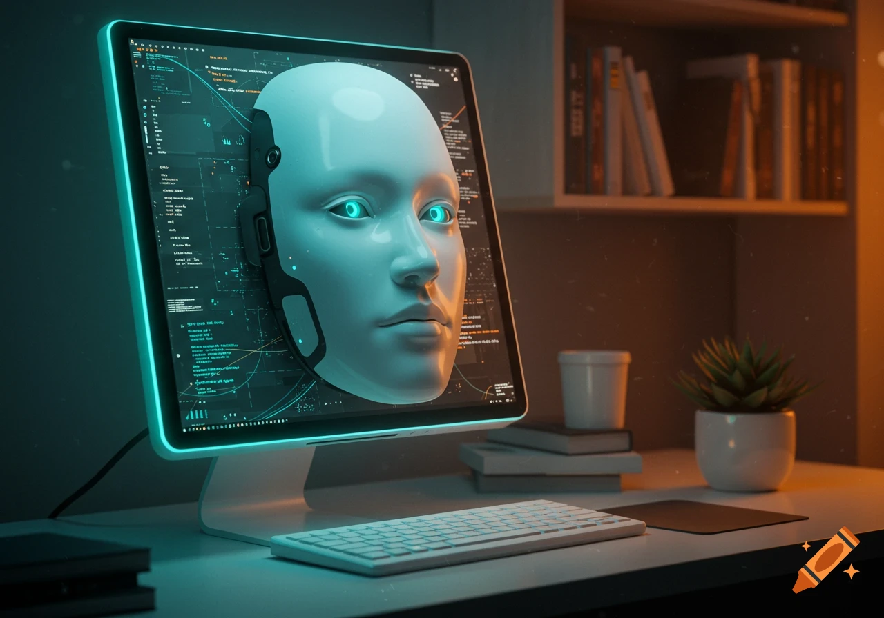 A glowing AI face displayed on a computer screen in an office setting with a keyboard and plants.