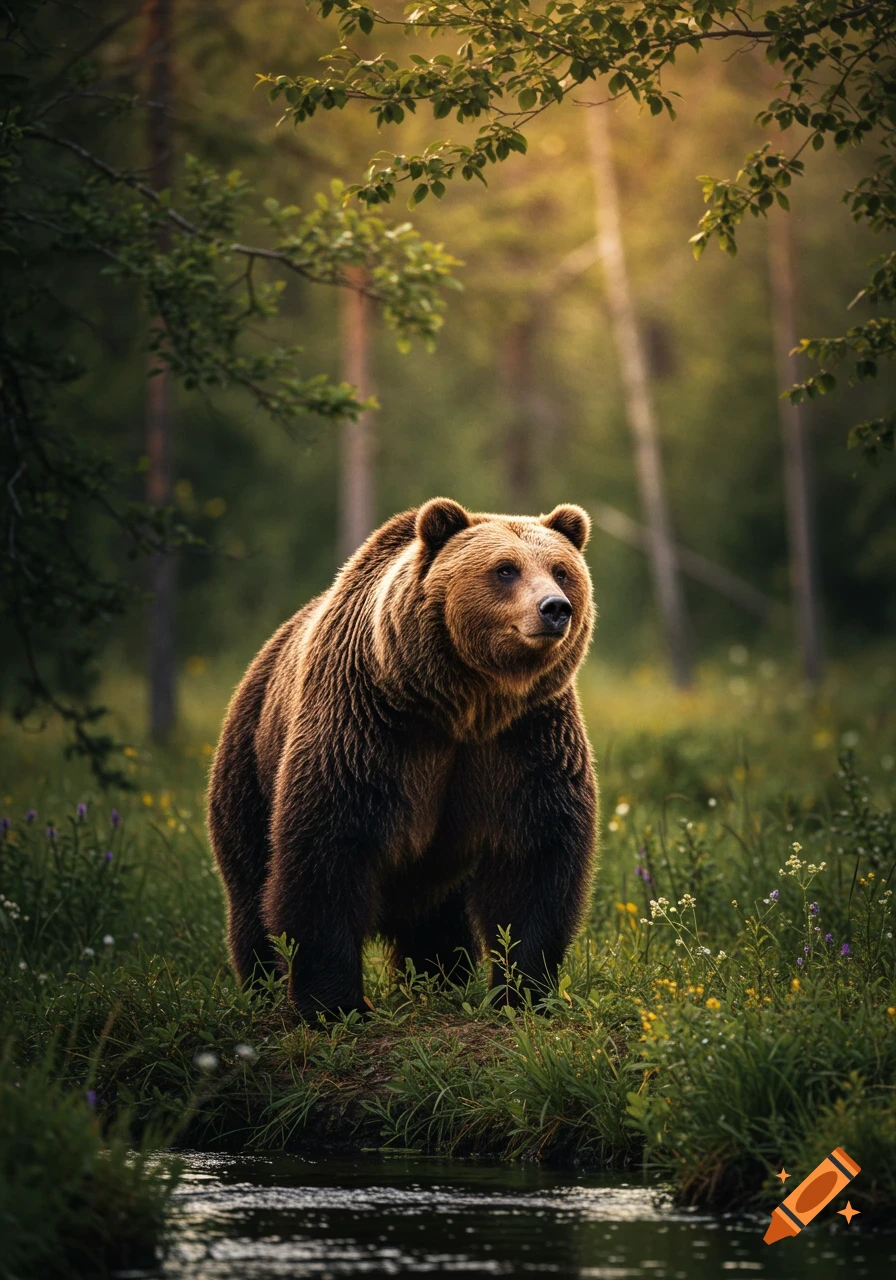 A photorealistic brown bear stands by a stream in a sunlit forest.