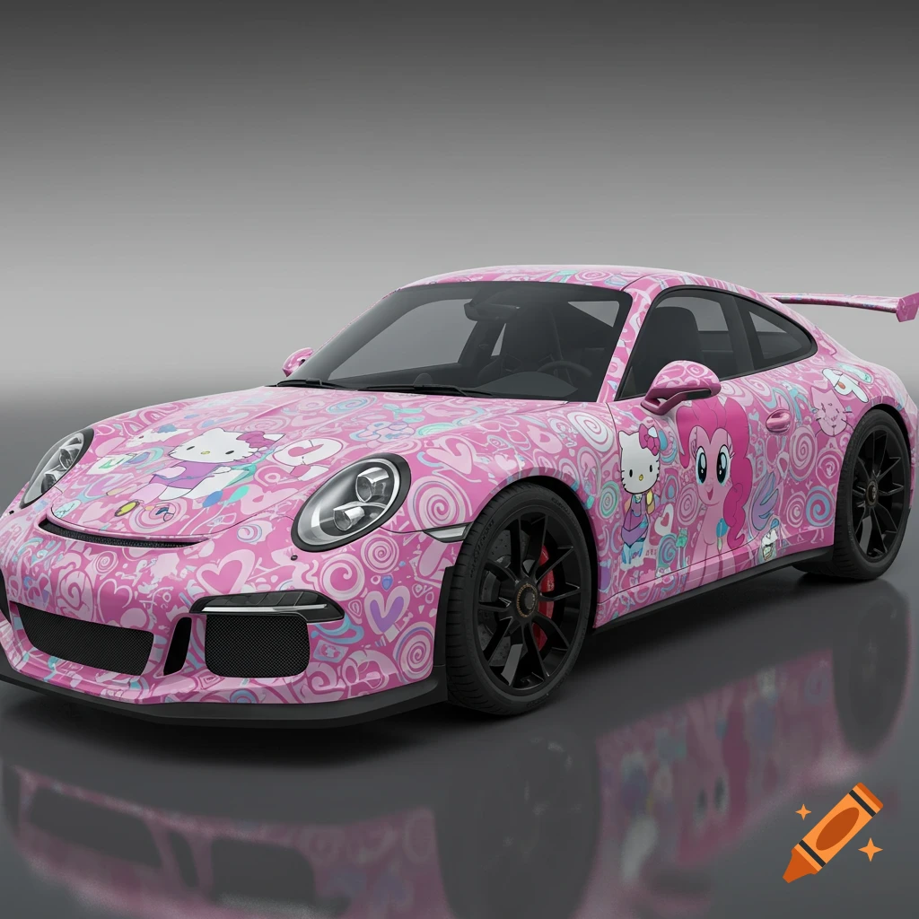 A hot pink Porsche 911 GT3 RS race car with Hello Kitty and Pinkie Pie characters, covered in colorful swirling designs.