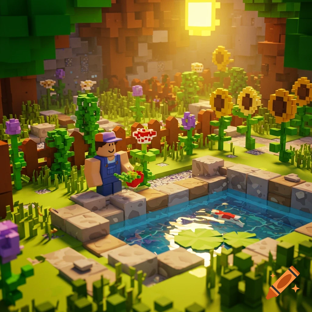 A blocky, voxel-style garden with a Roblox-like character tending flowers near a pond.