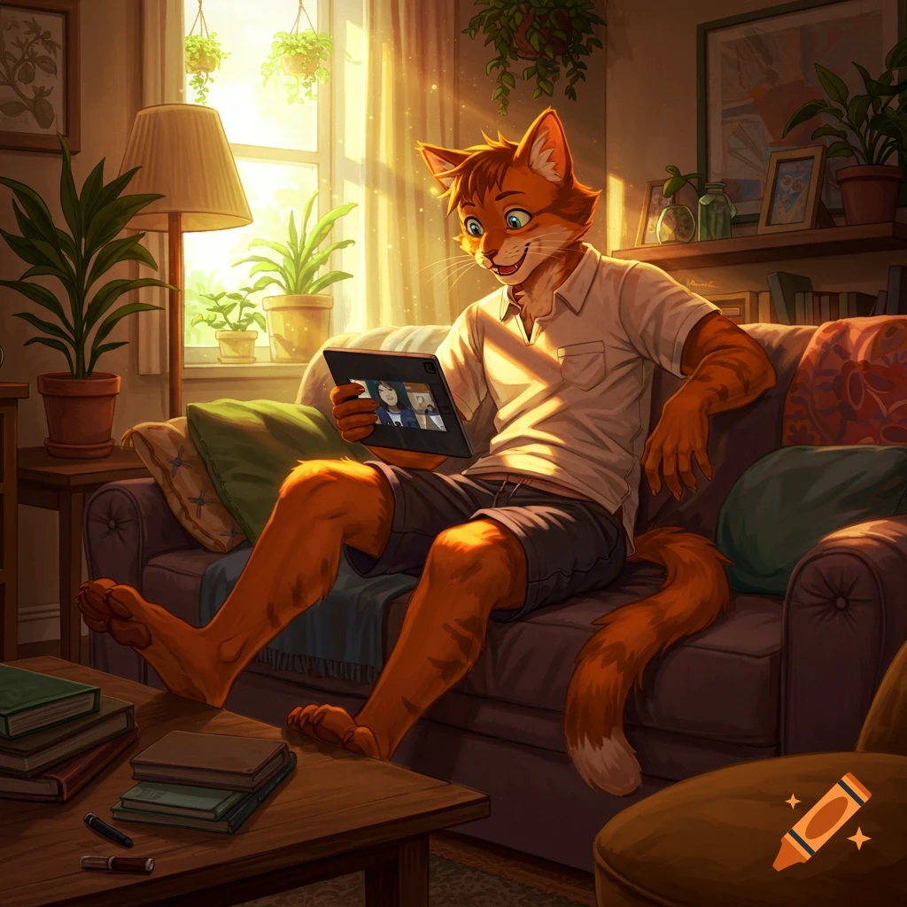 A male cat-person in a white polo and shorts sits on a sofa, looking at a tablet, in a sunlit living room.