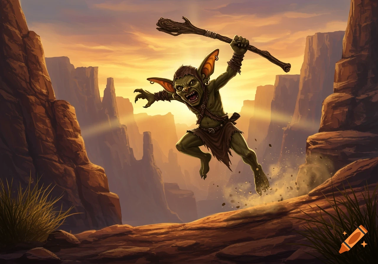 A green goblin jumps on a rocky terrain, holding a stick, against a sunset sky over a canyon. Illustration.