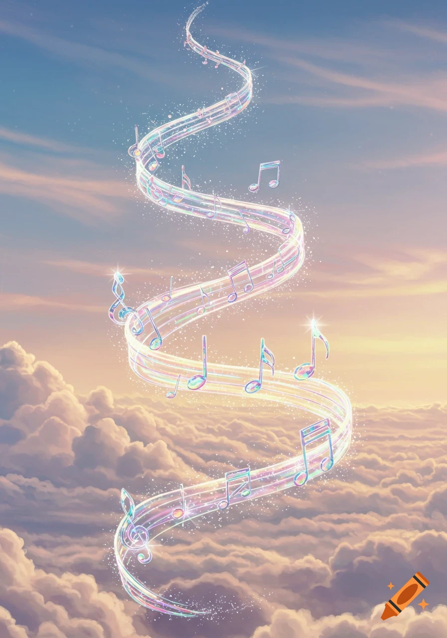 A glowing, iridescent musical staff spirals upwards through a pastel sky filled with fluffy clouds, accompanied by sparkling musical notes.