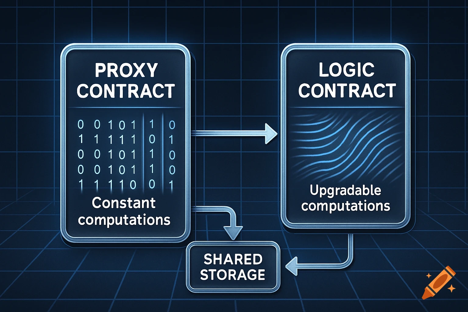 A technical diagram shows a 'Proxy Contract' with binary code and 'Constant computations' connected to 'Shared Storage'. A 'Logic Contract' with wavy lines and 'Upgradable computations' is also connected to 'Shared Storage'.