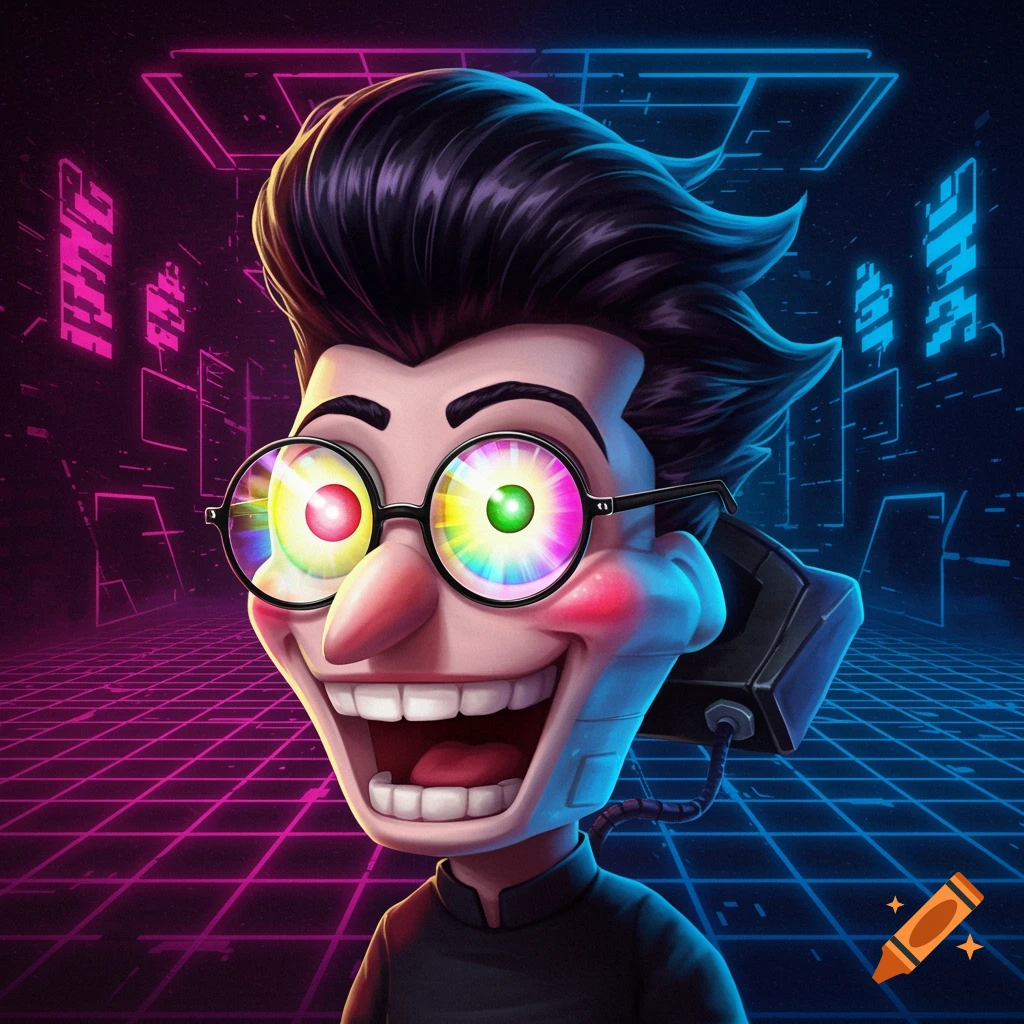 A vibrant cartoon character with slicked-back hair and rainbow-colored glasses grins widely in a neon digital grid background. He has a device attached to his ear.