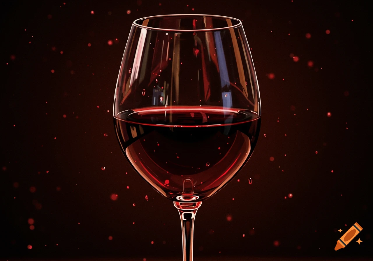 A close-up of a wine glass filled with red wine, with red liquid droplets scattered around against a dark red background.