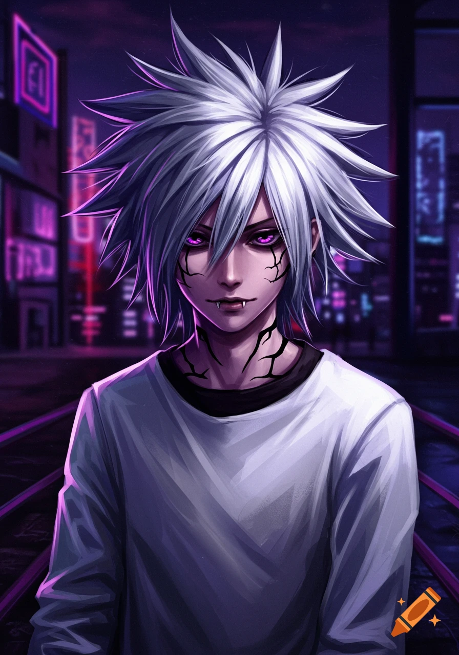 An edgy anime boy with white spiky hair, purple eyes, and black crack patterns on his face and neck, wearing a white long-sleeve shirt, stands in a neon-lit city street at night, in a 1999 anime/OVA artstyle.