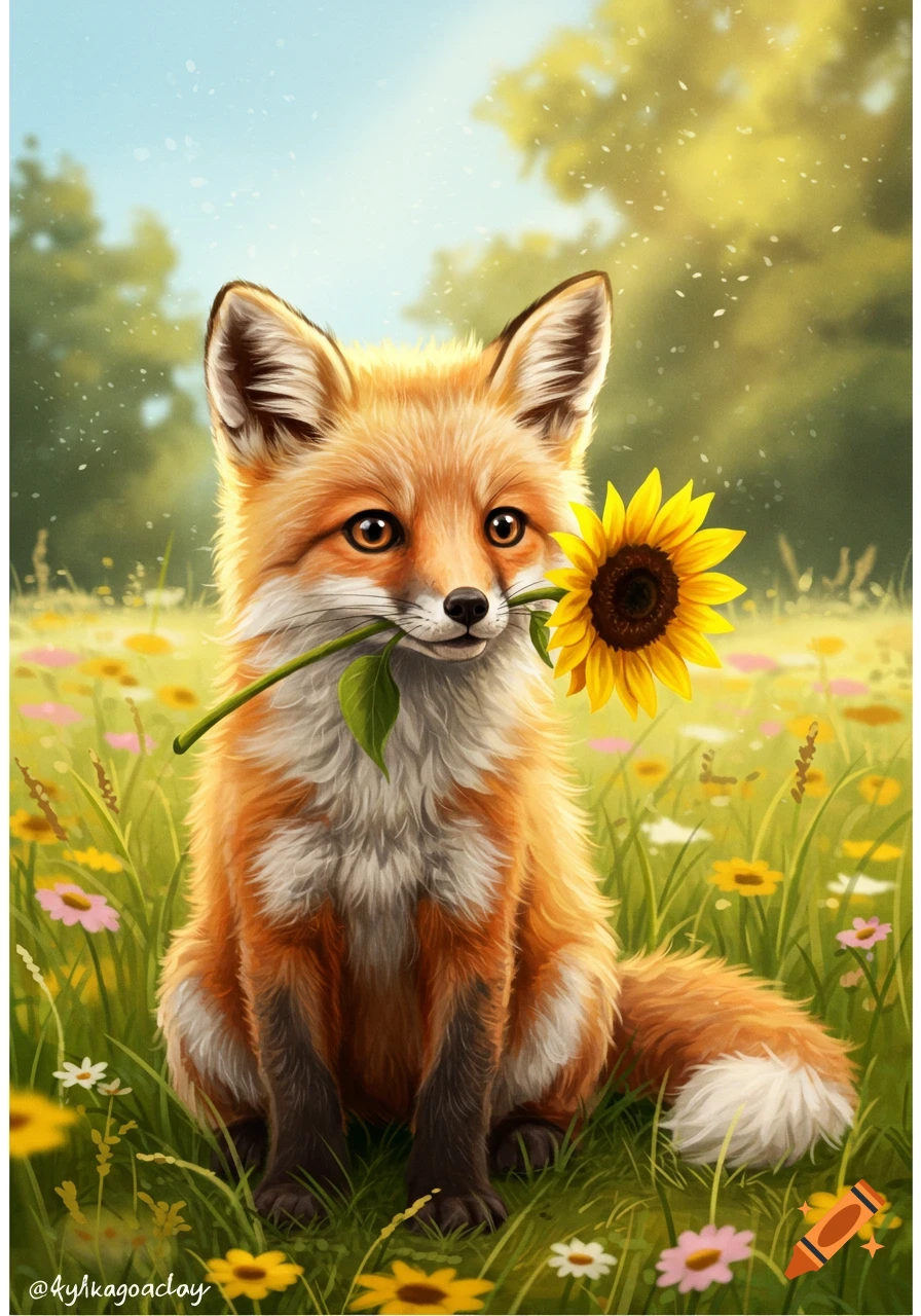 A cute orange and white fox sits in a grassy field with wildflowers, holding a bright yellow sunflower in its mouth.