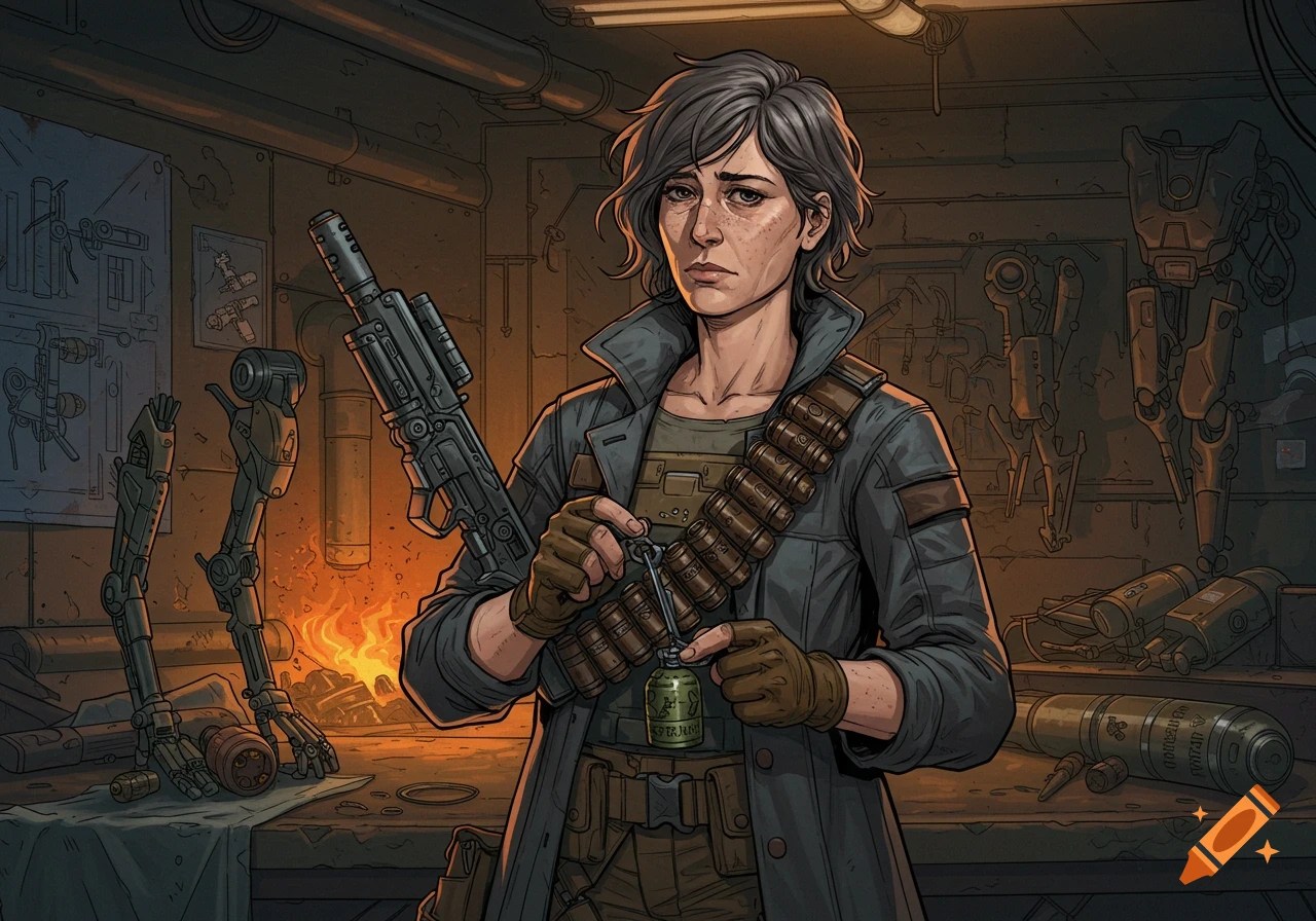 A wiry woman in a grey coat holds a grenade in a fire-lit, cluttered sci-fi workshop. Comic book art style.