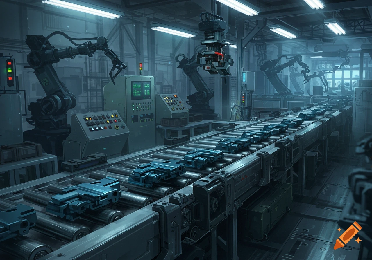 A dimly lit futuristic factory floor with multiple robotic arms overlooking a long conveyor belt carrying blue, metallic objects.
