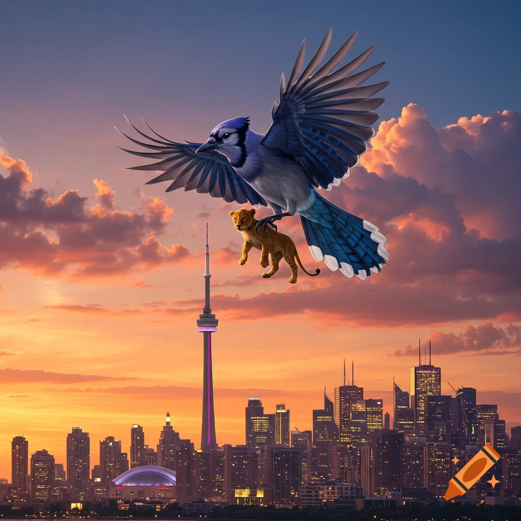 A large blue jay flies over the Toronto skyline at sunset, carrying a lion cub in its talons.