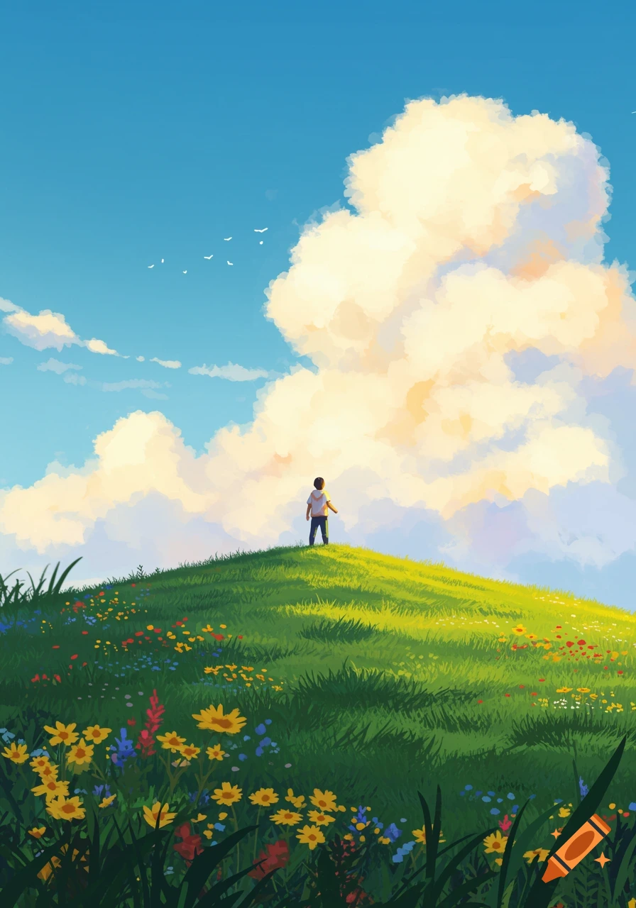 An illustrative landscape of a child on a vibrant green hill with wildflowers, under a bright blue sky with large, fluffy clouds.