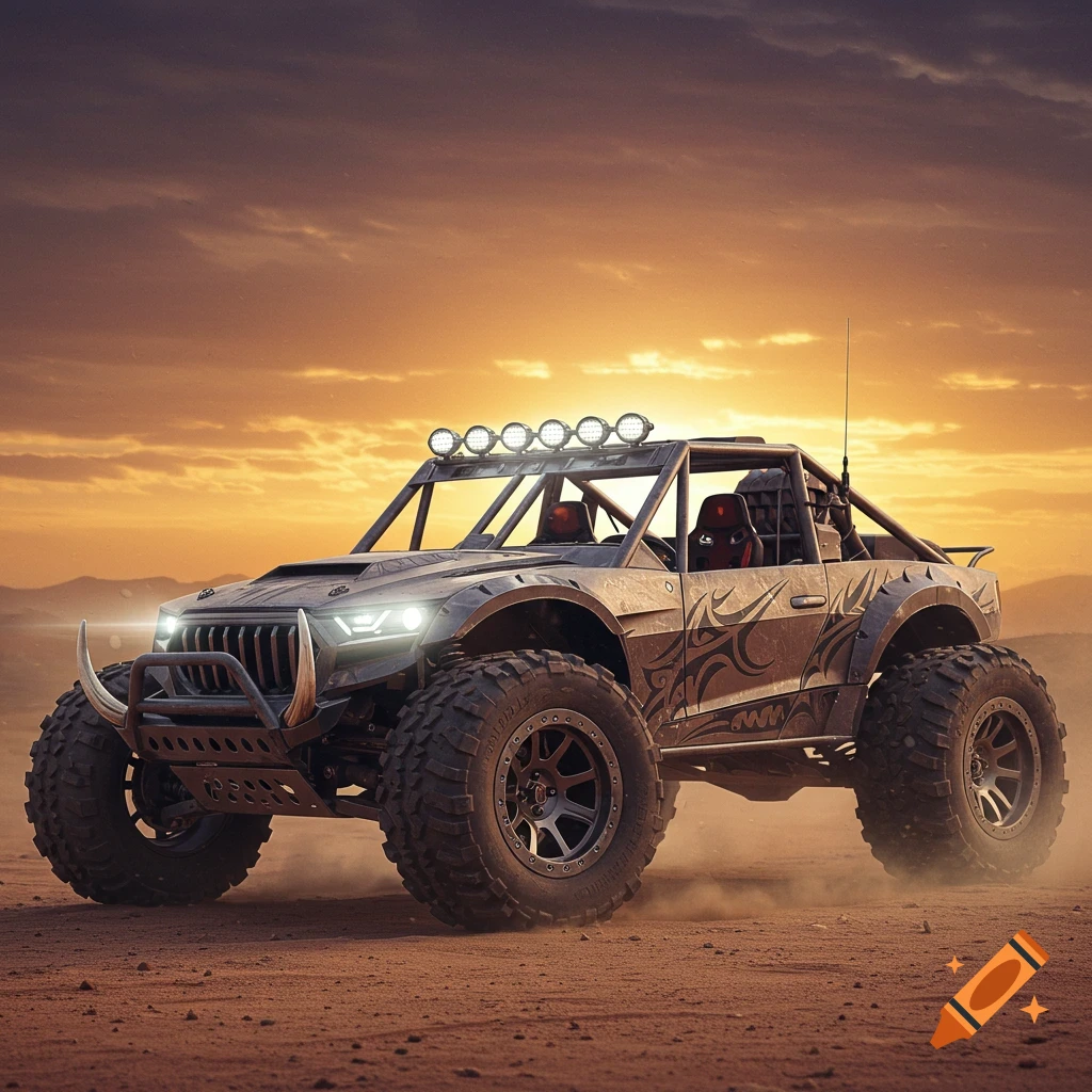 A custom, dark gray offroad vehicle with large tires, tusks on the front bumper, and roof-mounted lights, kicks up dust on a dirt road at sunset.