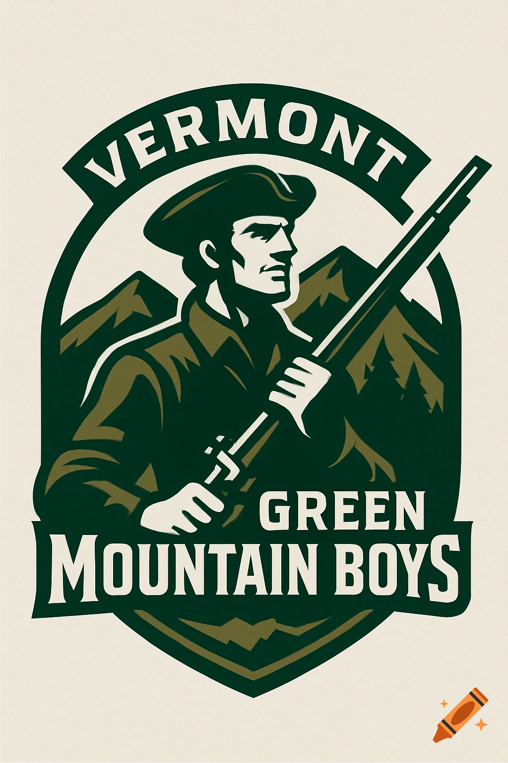 A green and white logo featuring a Revolutionary War-era man in a tricorn hat holding a rifle, with mountains and trees in the background, and text 'VERMONT GREEN MOUNTAIN BOYS'.