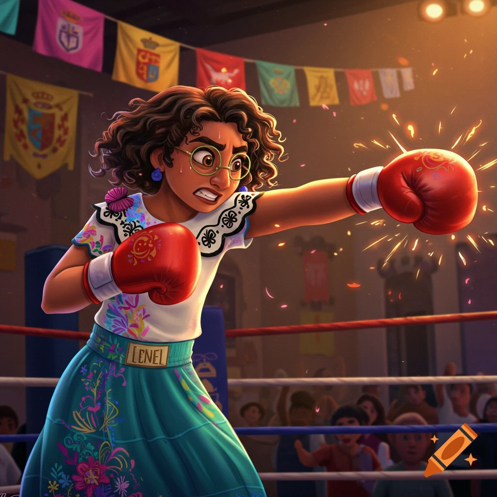 An animated Mirabel Madrigal from Encanto, wearing red boxing gloves and a floral skirt, punches in a boxing ring.