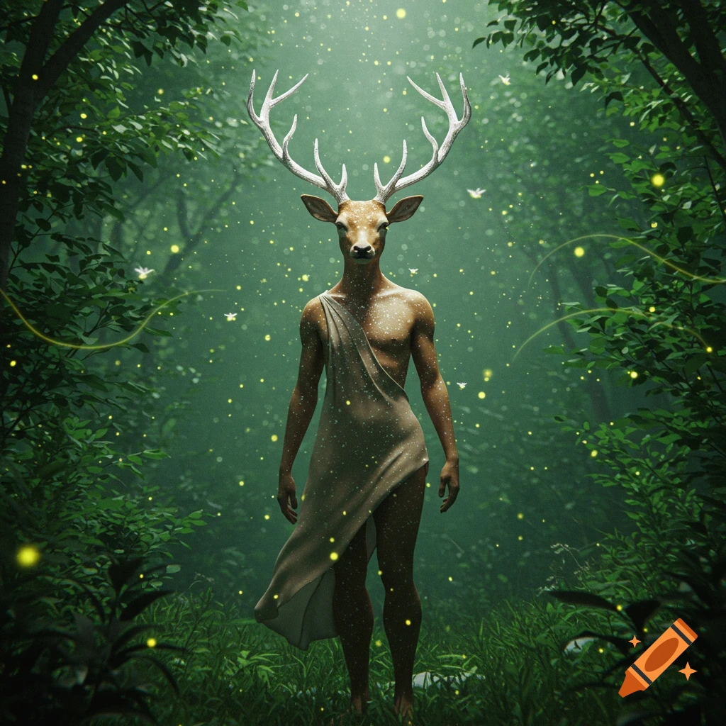 A humanoid figure with a deer head and antlers, draped in fabric, stands in a mystical forest filled with glowing fireflies.