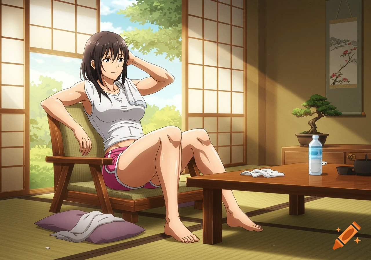 An anime-style woman with dark hair sits in a wooden chair in a Japanese room, wearing a white top and pink shorts.