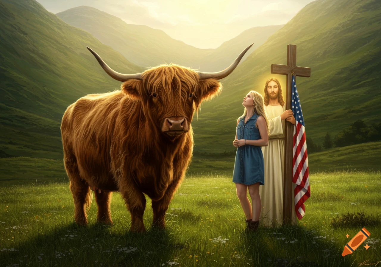 A photorealistic image of a fluffy brown Highland cow, a girl, and Jesus holding an American flag on a cross in a green mountain landscape.