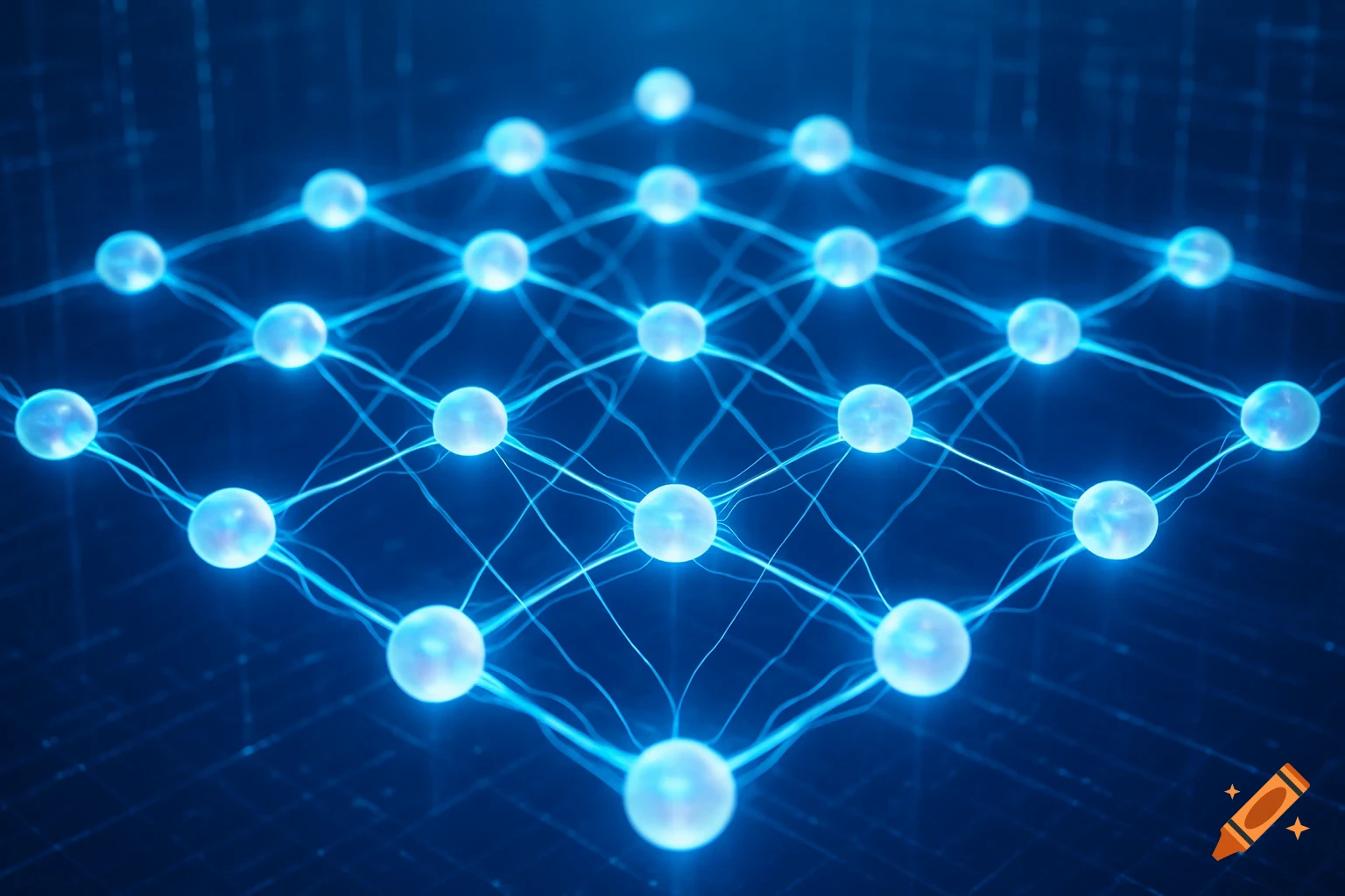 Abstract glowing blue neural network with connected nodes on a dark background.