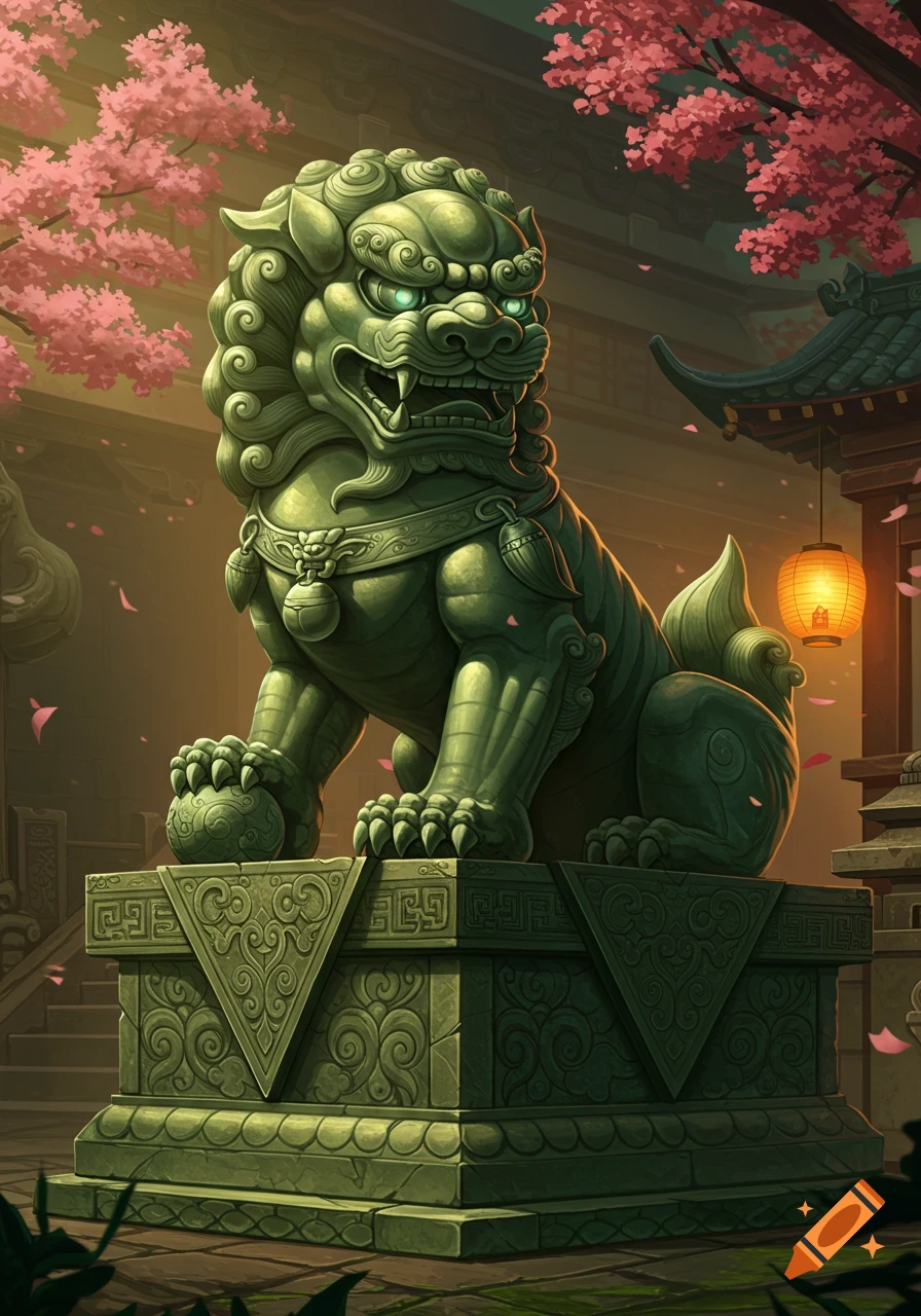 A green stone Chinese Foo dog statue with glowing eyes sits on a pedestal under pink cherry blossoms and a glowing lantern.