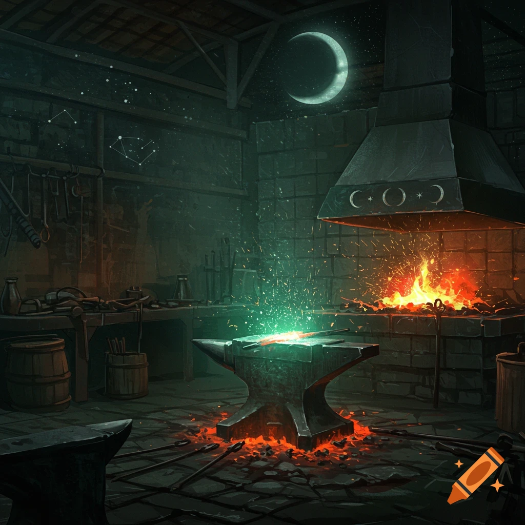 A moody, painterly fantasy blacksmith workshop at night with a glowing anvil, fiery forge, crescent moon, and subtle constellations.