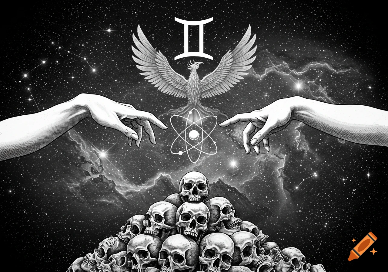 Monochromatic illustration of hands reaching toward an atom, phoenix, and Gemini 'II' symbol above a pile of skulls in space.