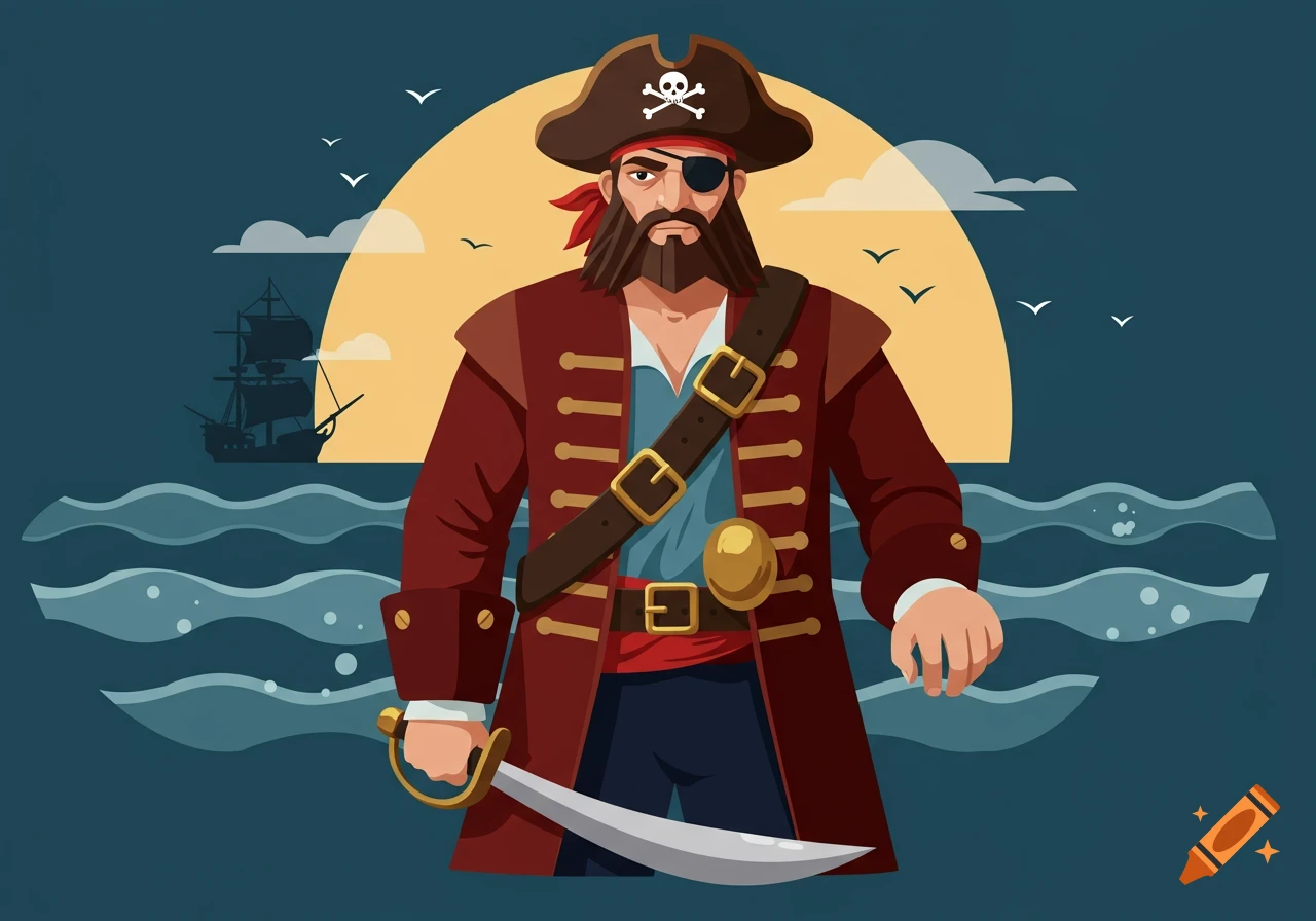 A cartoon-style illustration of a pirate with an eye patch, beard, and hat, holding a sword, against a sunset and ship background.