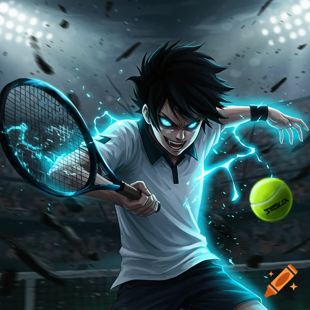 An anime boy with glowing blue eyes and fangs, a blue aura, hits a tennis ball on a dark court with stadium lights.