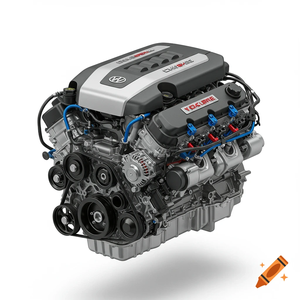 A detailed, high-resolution rendering of a Volkswagen engine, featuring various components like pulleys, belts, and hoses, set against a clean white background.