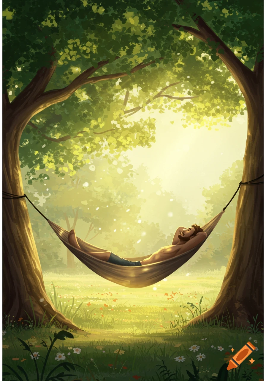 An illustration of a man relaxing in a hammock strung between two trees in a sunny, green forest.