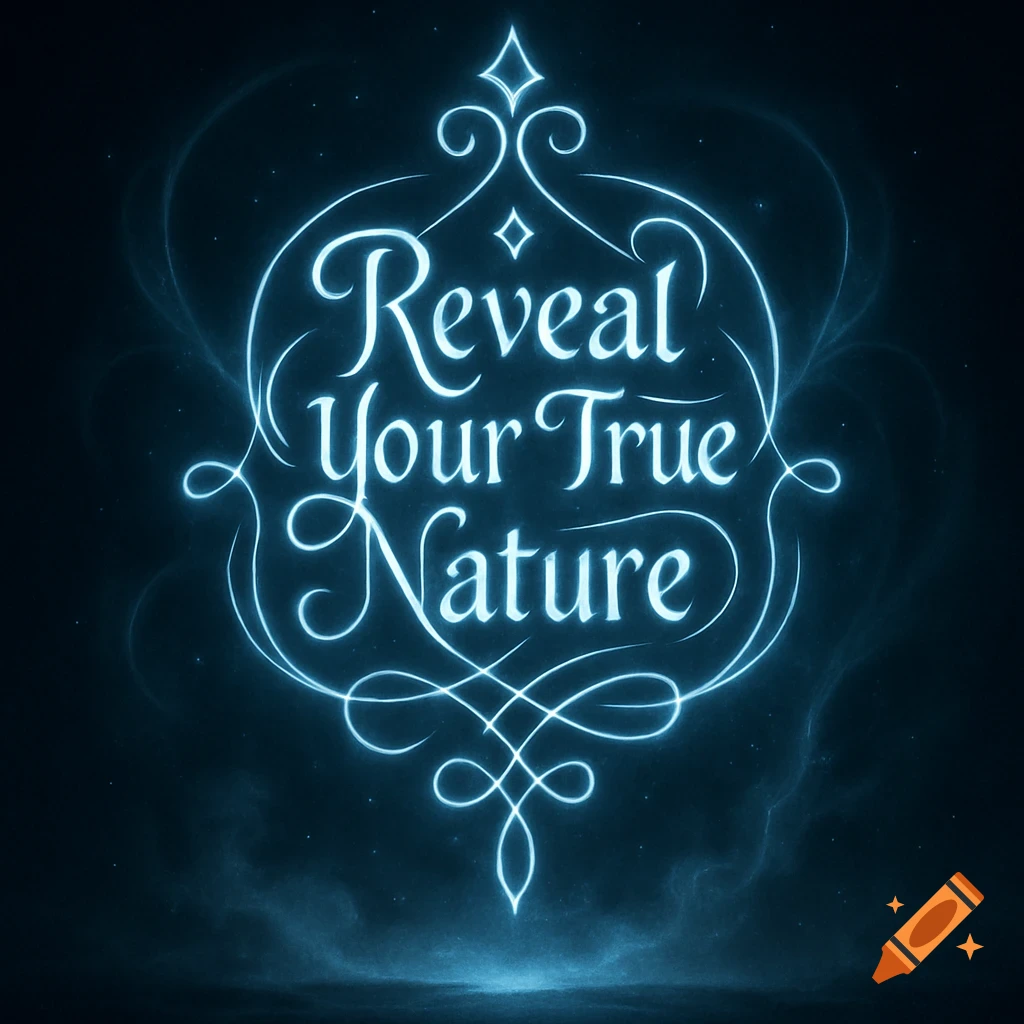 A glowing blue sigil with ornate swirling lines containing the text 'Reveal Your True Nature' on a dark, starry background.