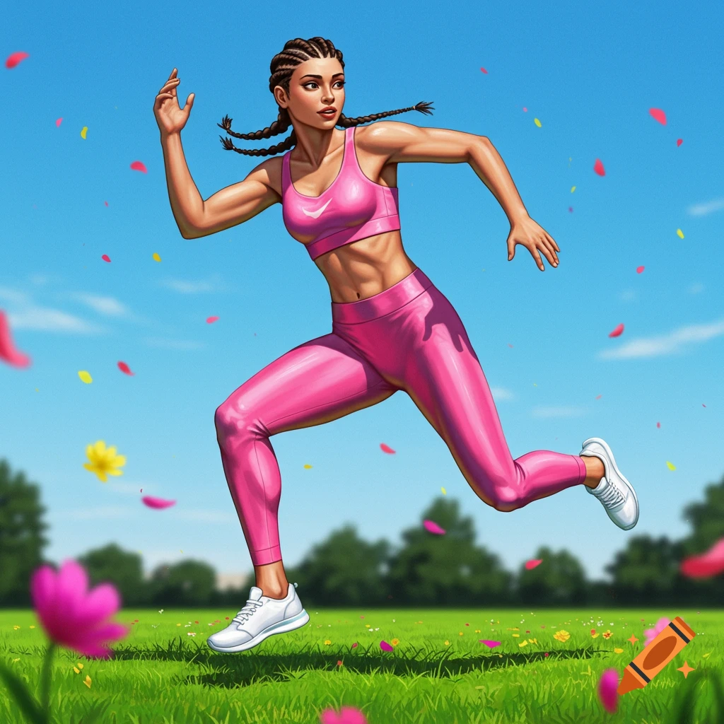 A vibrant illustration of a woman in pink sportswear running through a grassy field under a blue sky with colorful petals.